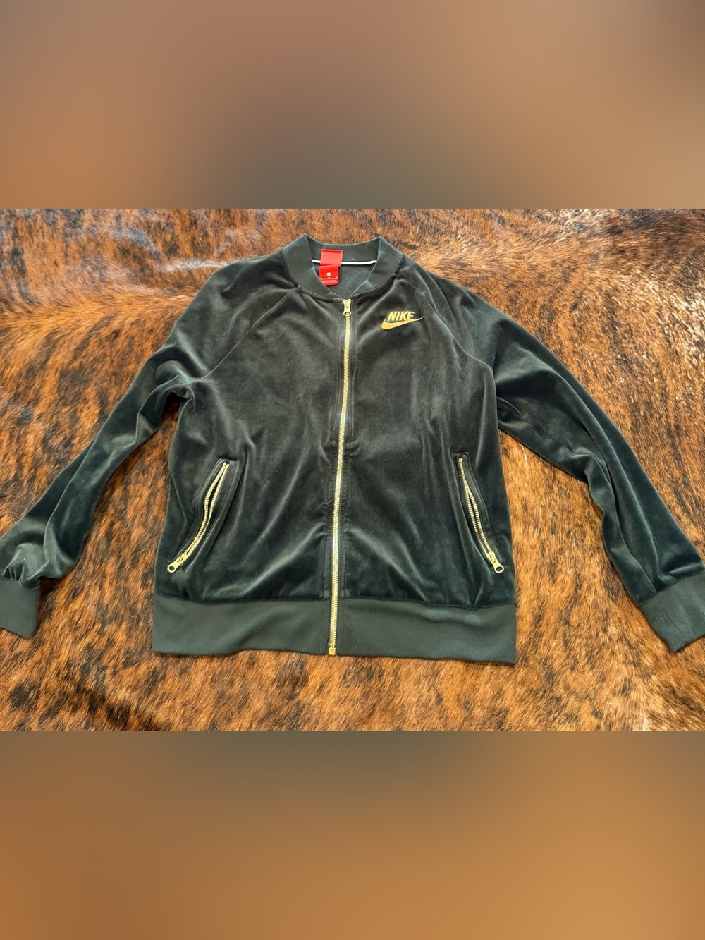 Nike Sportswear Women's Olive Green With Gold Trim Velour Full Zip Jacket Size M
